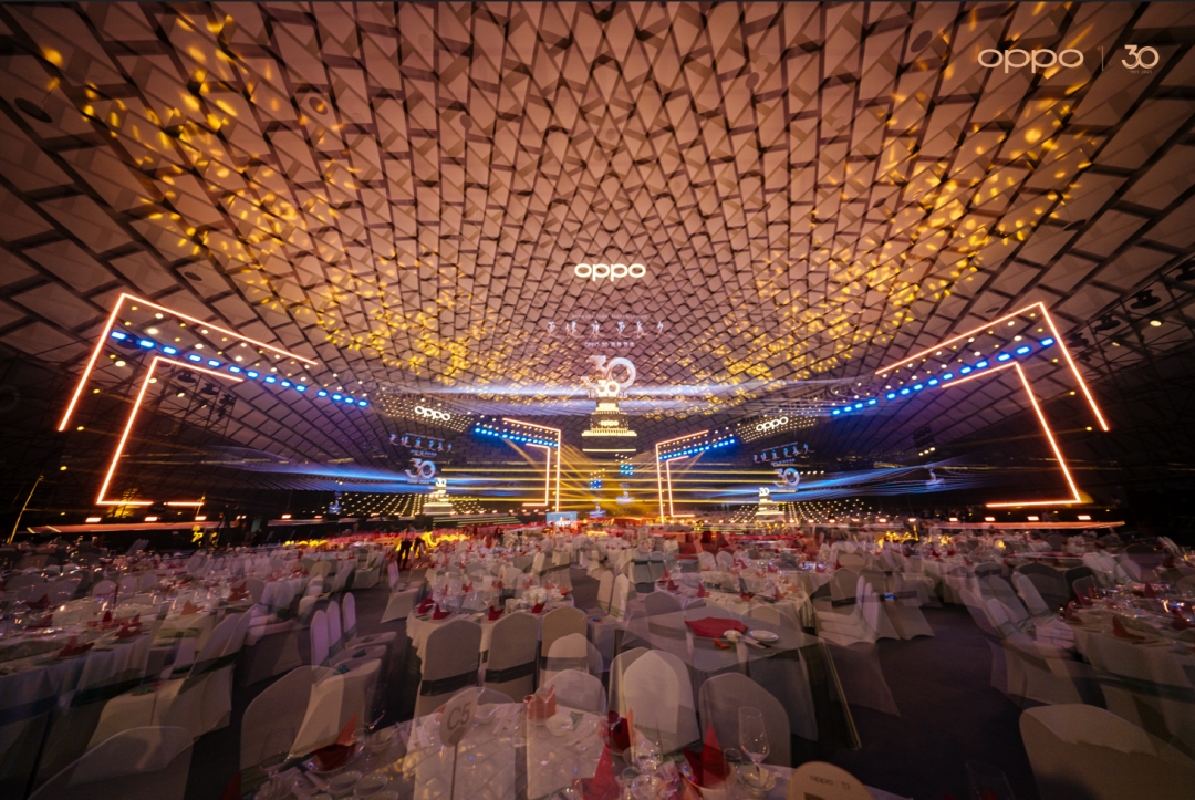 Banquet hall setup inside the OPPO 30th Anniversary celebration air dome