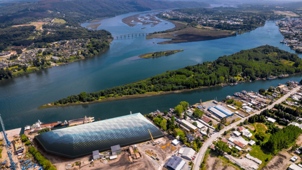 Air-Dome Woodchip Storage Facility at Port Corral in Chile: A Perfect Blend of Industrial Efficiency and Landscape Aesthetics